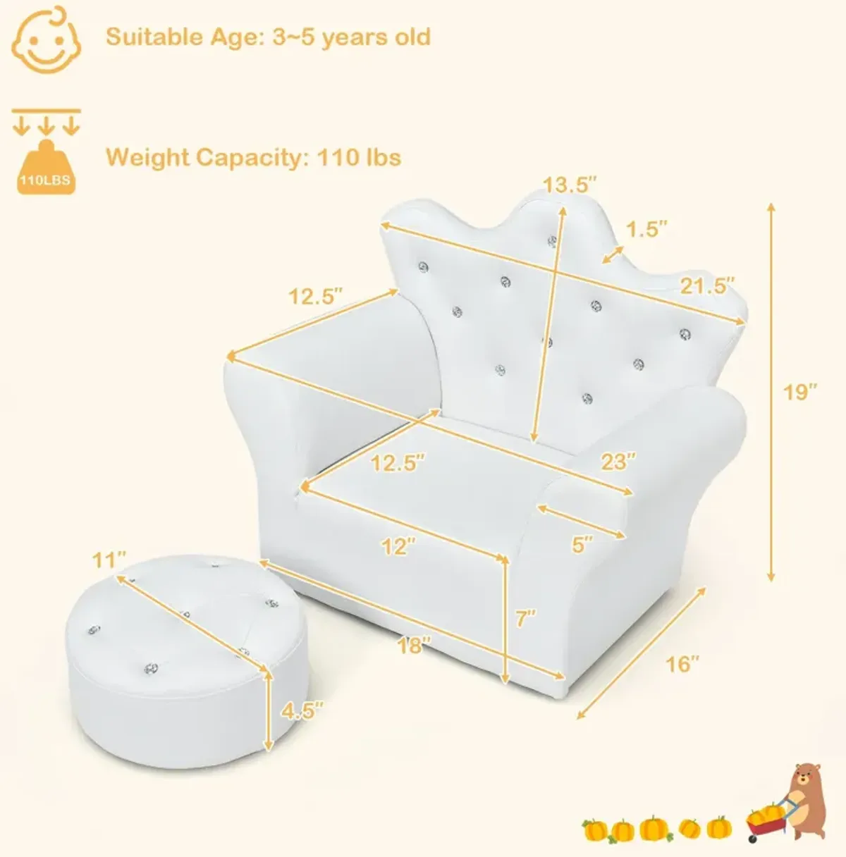 Children Upholstered Princess Sofa with Ottoman and Diamond Decoration for Boys and Girls