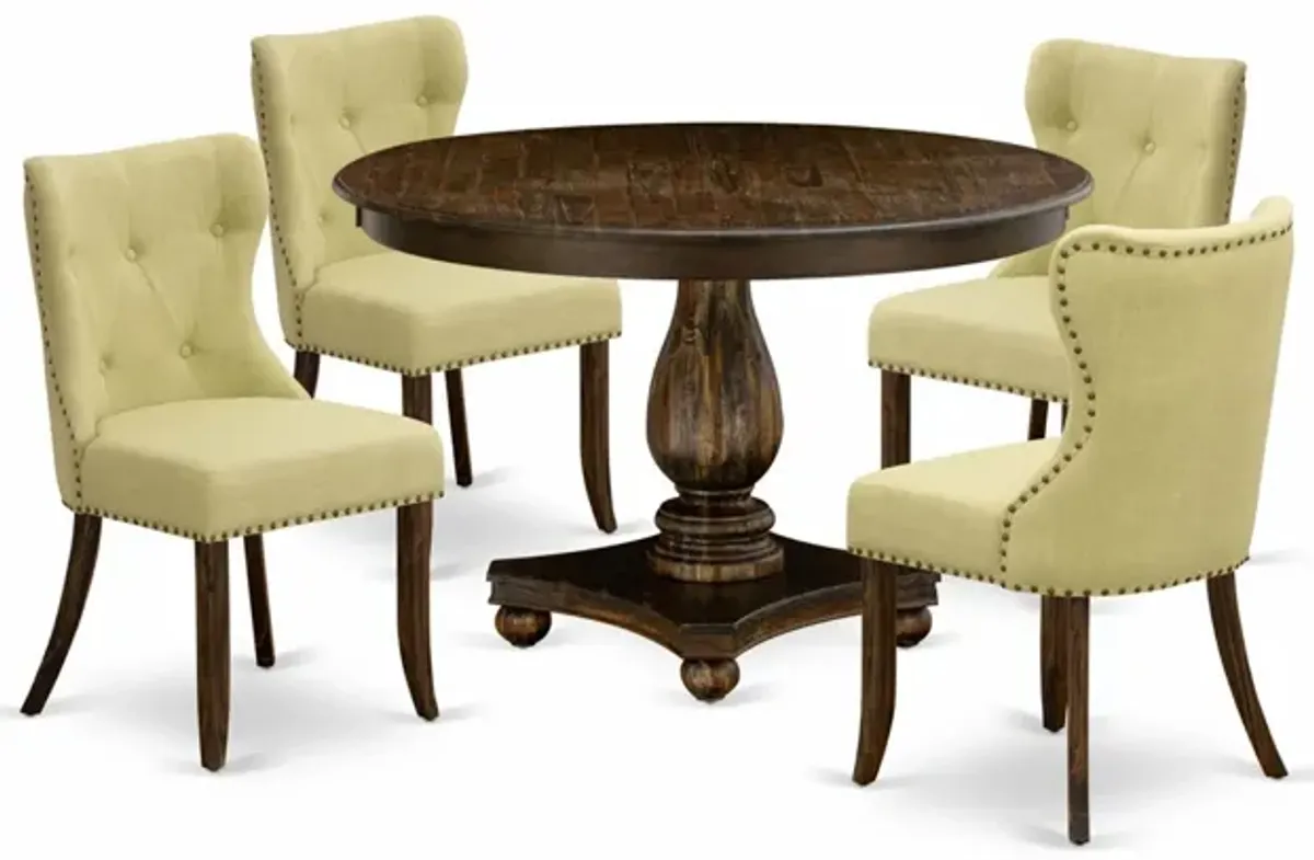 East West Furniture F2SI5-737 5Pc Dining Room Set - Round Table and 4 Parson Chairs - Distressed Jacobean Color