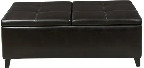 Lannie Storage Ottoman, Dual Top, Rich Brown Faux Leather, 48 Inch - Benzara
