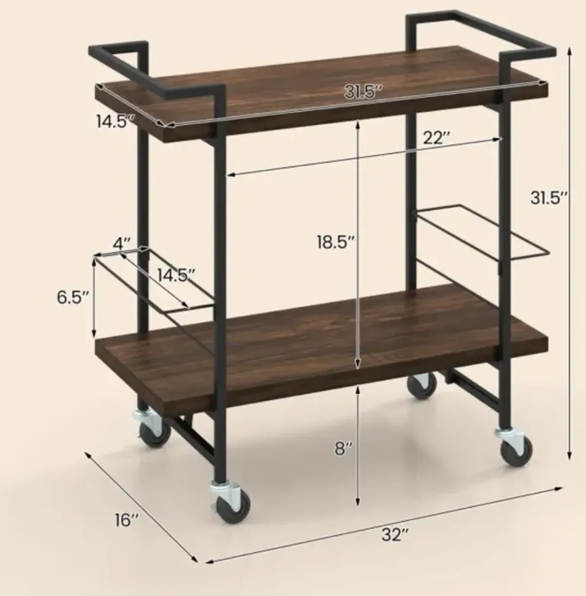 Hivvago 2-Tier Home Bar Cart with Lockable Wheels and Heavy-Duty Metal Frame-Rustic Brown