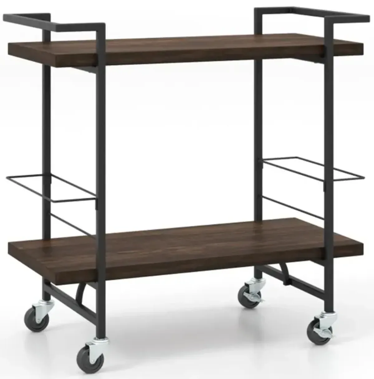 Hivvago 2-Tier Home Bar Cart with Lockable Wheels and Heavy-Duty Metal Frame-Rustic Brown