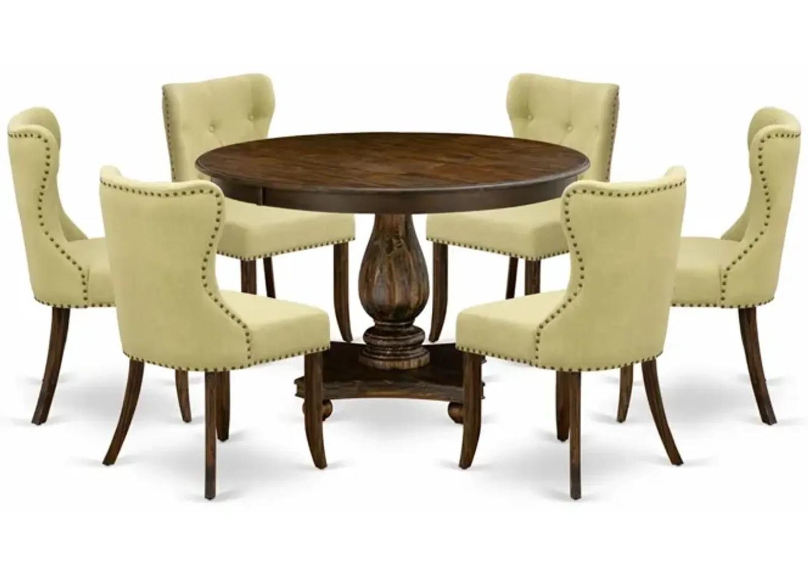 East West Furniture F2SI7-737 7Pc Dining Set - Round Table and 6 Parson Chairs - Distressed Jacobean Color