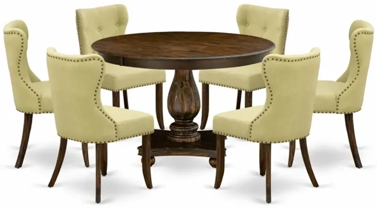 East West Furniture F2SI7-737 7Pc Dining Set - Round Table and 6 Parson Chairs - Distressed Jacobean Color