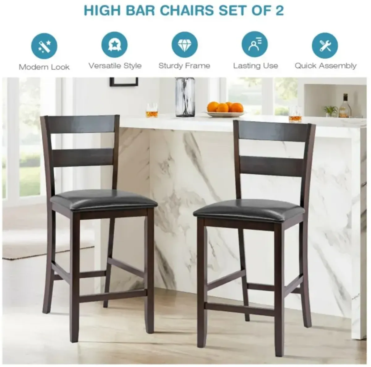 Hivvago 2-Pieces Upholstered Bar Stools Counter Height Chairs with PU Leather Cover