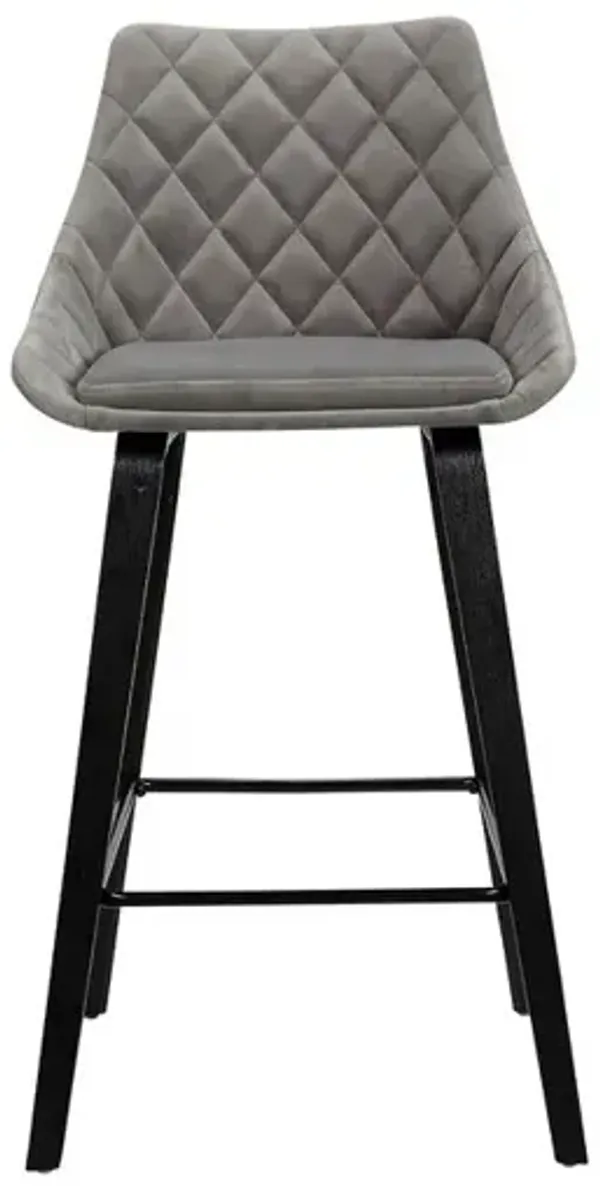 26 Inch Velvet Upholstered Diamond Tufted Wood Leg Barstool, Gray and Black-Benzara