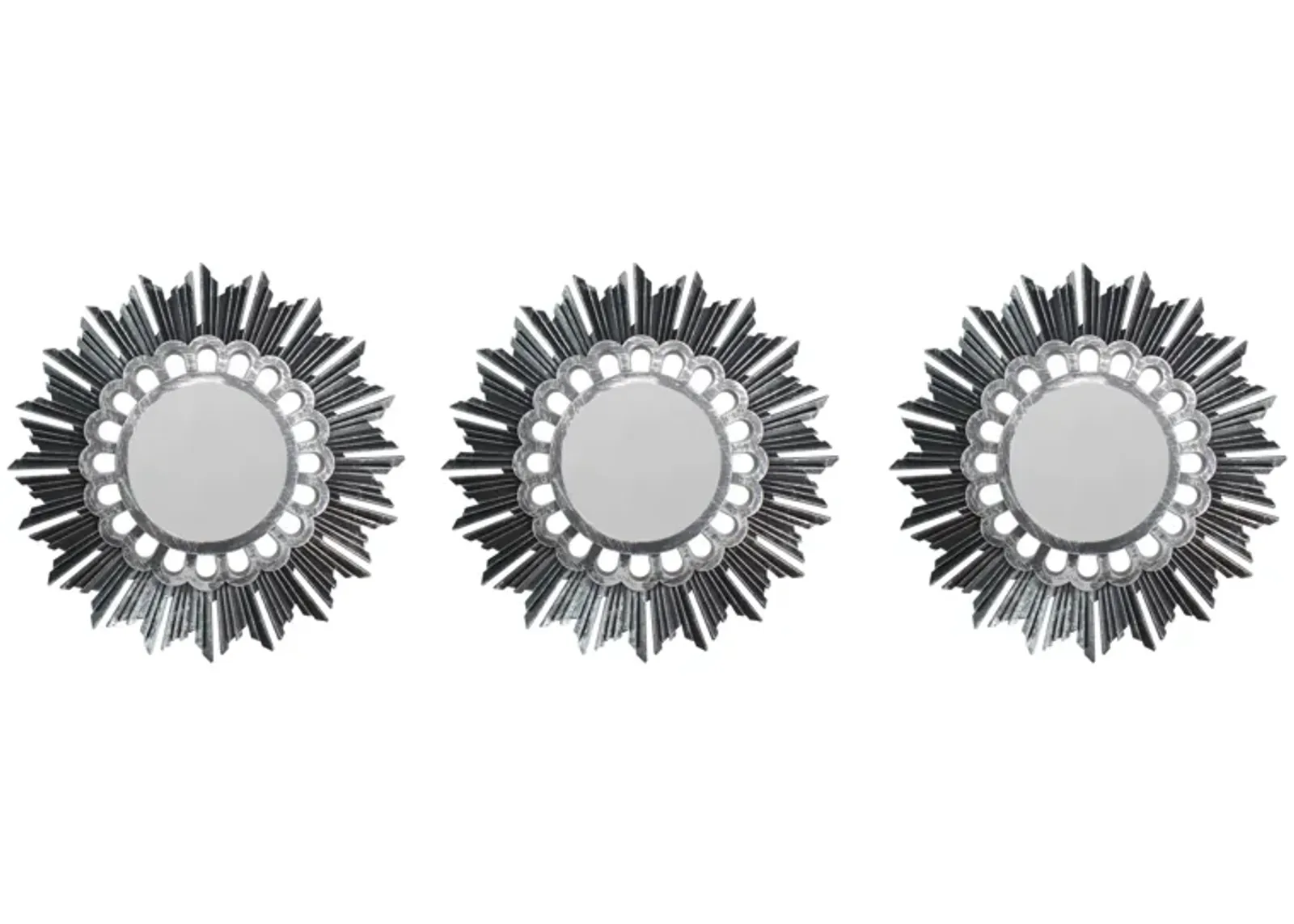 Set of 3 Floral Sunburst Brushed Silver Round Mirrors 9.5"