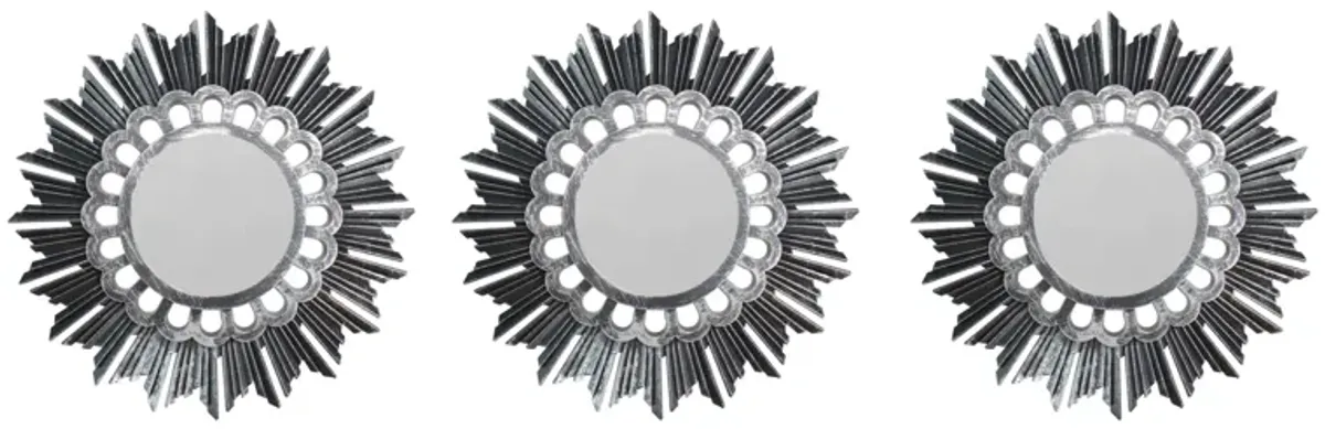 Set of 3 Floral Sunburst Brushed Silver Round Mirrors 9.5"