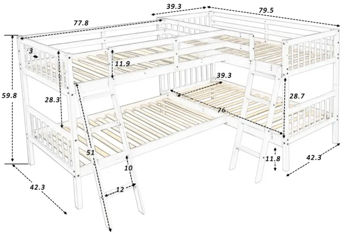 L-Shaped Bunk Bed With Ladder, Twin Size