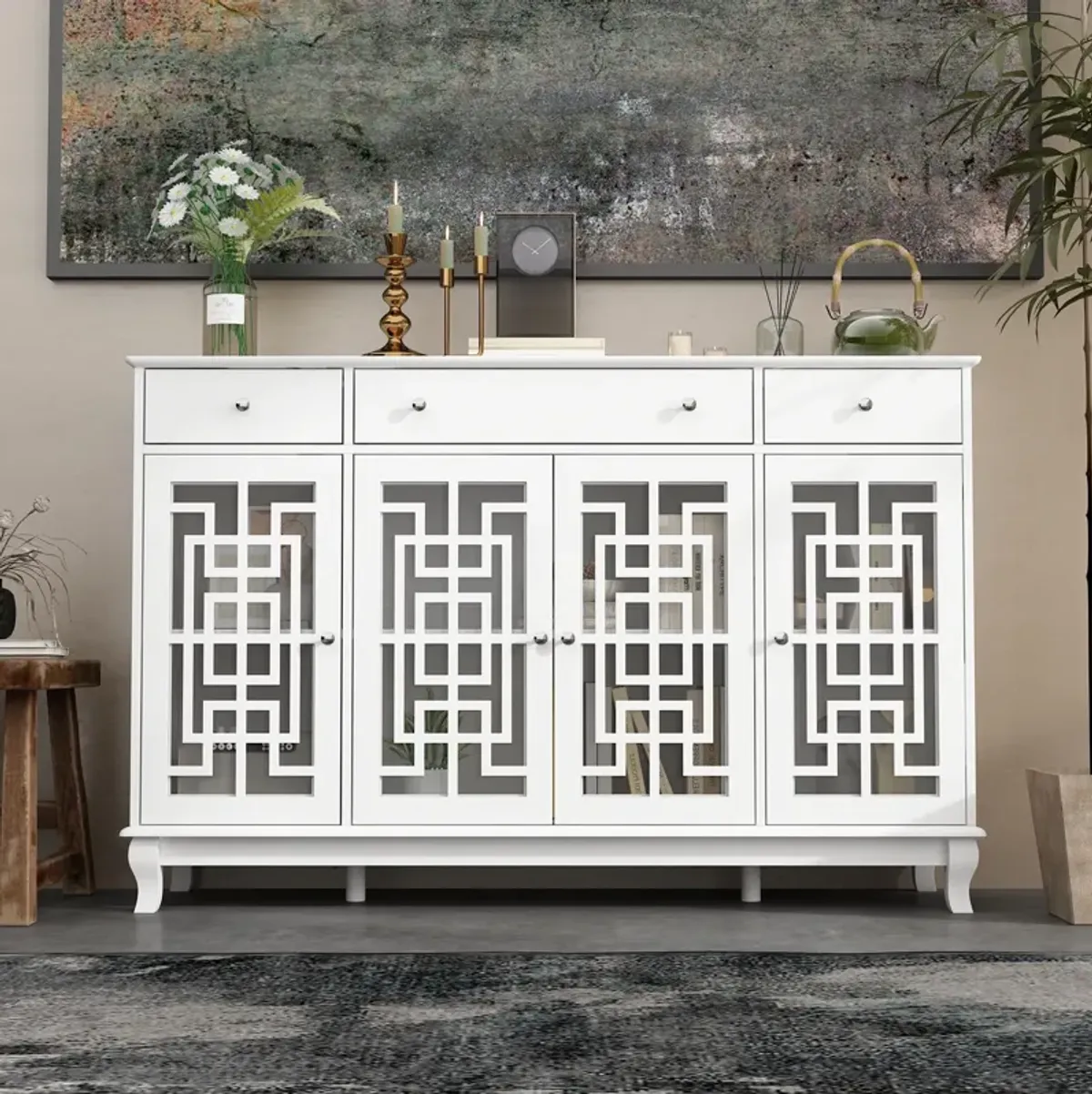 FUFU&GAGA White Buffet Cabinet with Storage & Drawers, MDF & Tempered Glass Construction (55.1" W x 35.4" H x 15.7" D), White