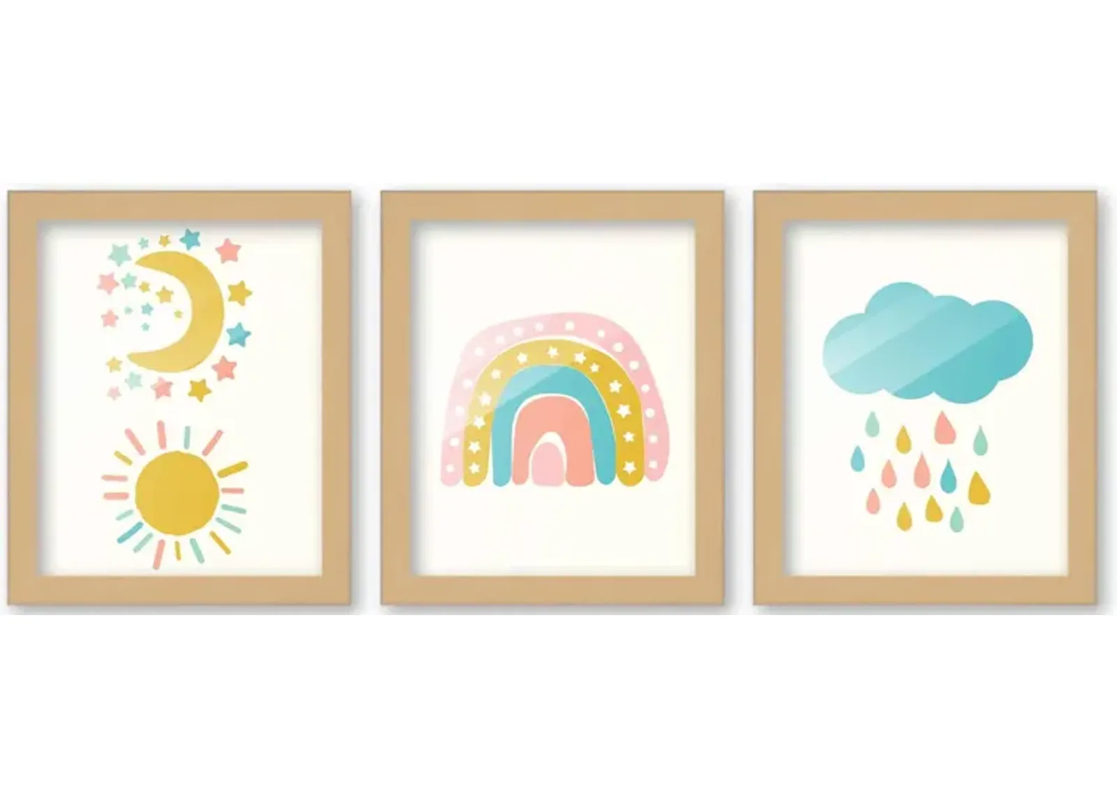 8x10 Framed Nursery Wall Art Set of 3 Hand Drawn Boho Rainbow Prints in Natural Wood Frames