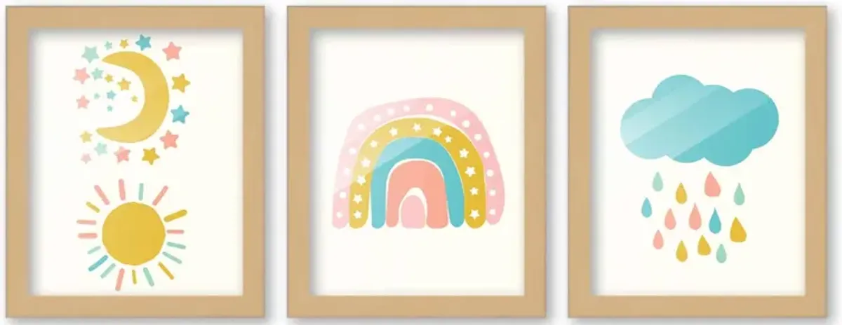 8x10 Framed Nursery Wall Art Set of 3 Hand Drawn Boho Rainbow Prints in Natural Wood Frames