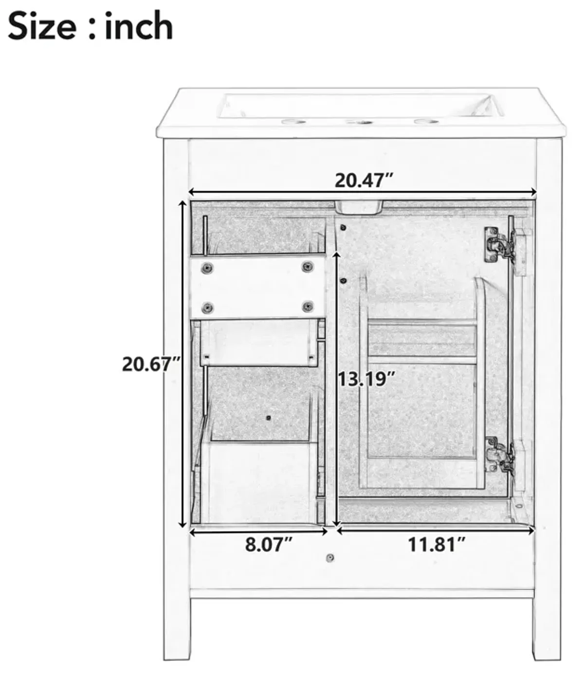 Gewnee 24-Inch Bathroom Vanity with Ceramic Sink, 1 Soft Close Door, 2 Soft Close Drawers, and Double Storage Racks on the Door