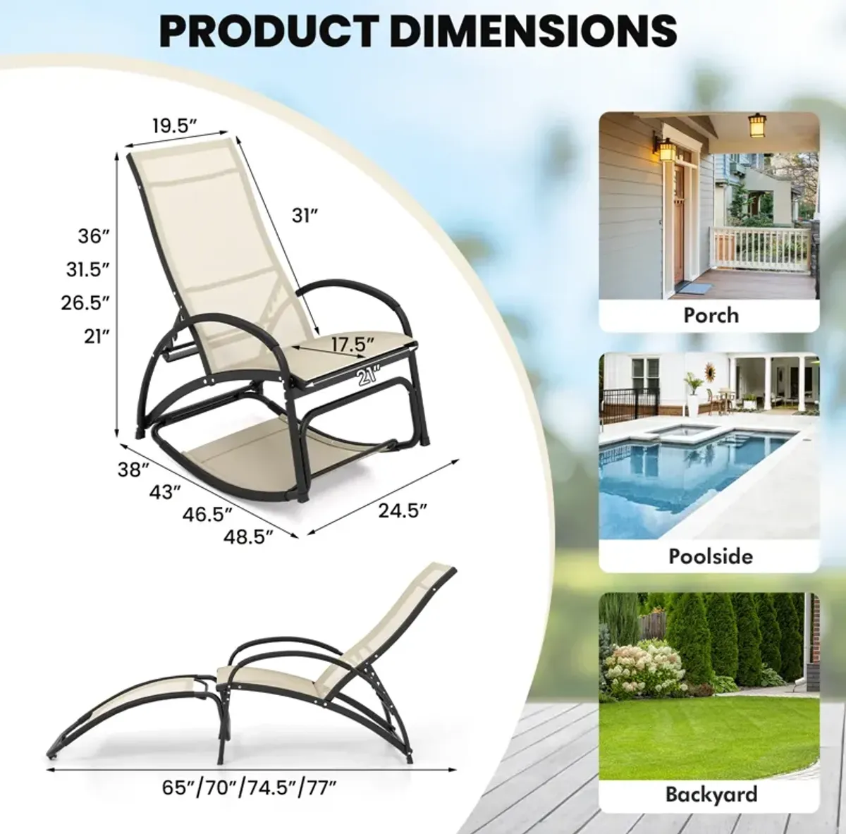 2-in-1 Outdoor Rocking Chair with 4-Position Adjustable Backrest for Patio Porch Poolside