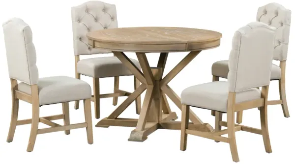 Gewnee Functional Furniture Retro Style Dining Table Set with Extendable Table and 4 Upholstered Chairs for Dining Room and Living Room(Natural Wood Wash)