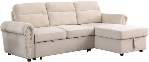 Irma 97 Inch 2 Piece Sectional Sofa, Pull Out Bed, Rolled Arm, Beige Velvet-Benzara