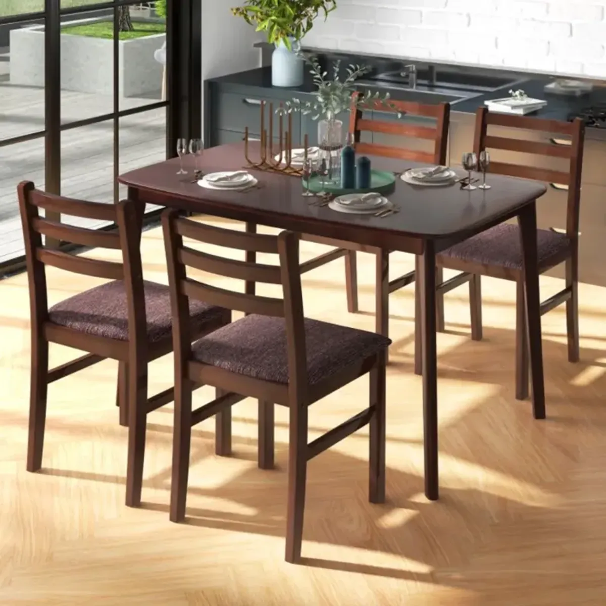 Hivvago Vintage Wooden Dining Table Set for 4 with Padded Seat and Curved Backrest