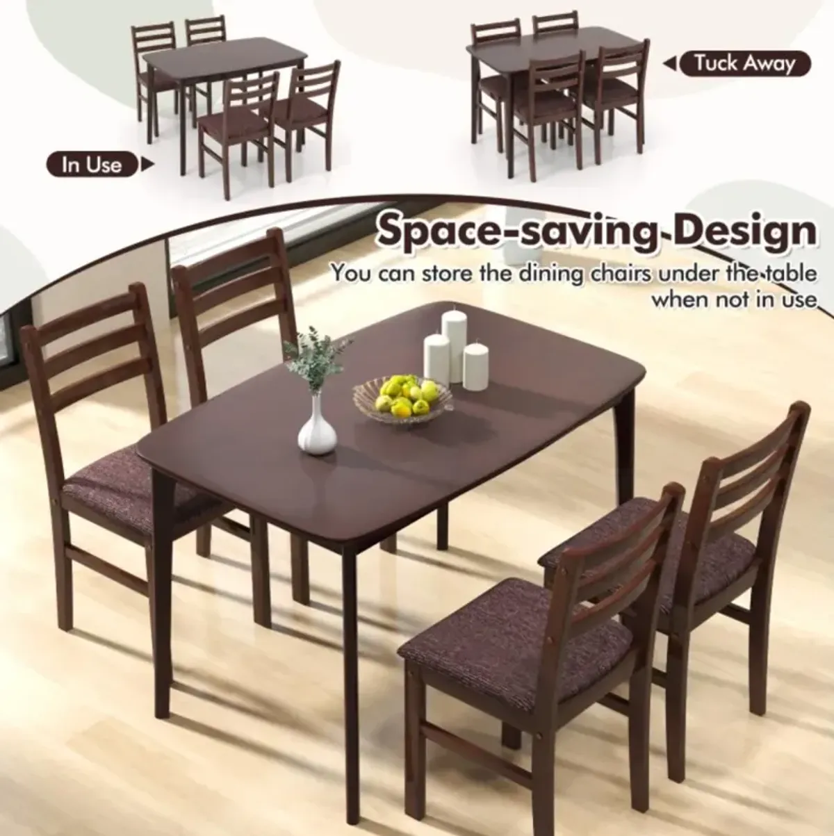 Hivvago Vintage Wooden Dining Table Set for 4 with Padded Seat and Curved Backrest