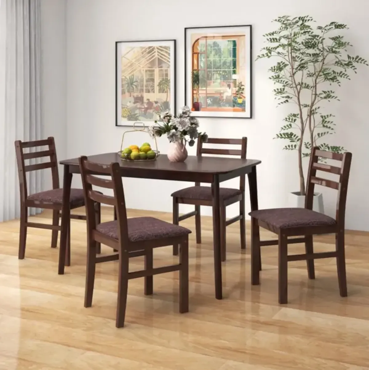 Hivvago Vintage Wooden Dining Table Set for 4 with Padded Seat and Curved Backrest