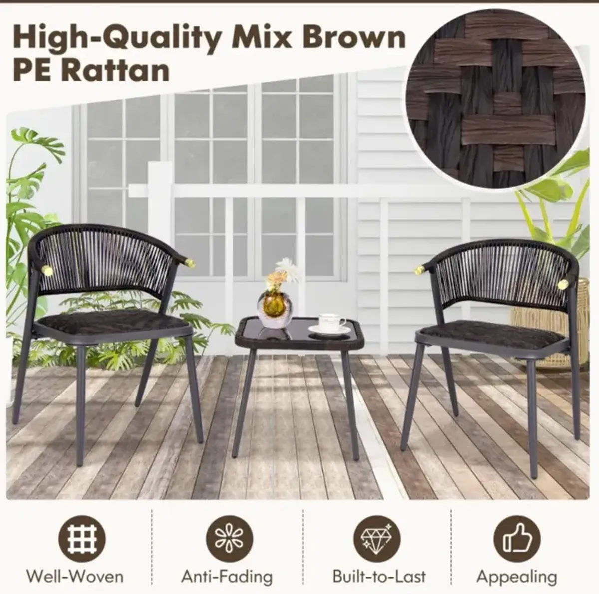 Hivvago 3 Pieces Patio Rattan Furniture Set with Tempered Glass Tabletop for Backyard Poolside