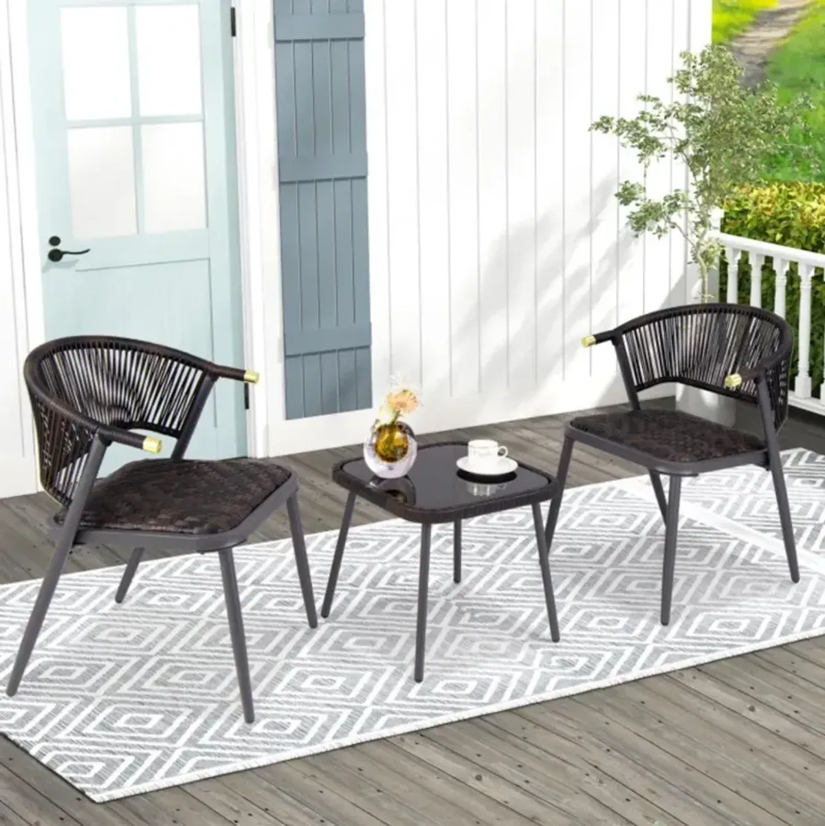 Hivvago 3 Pieces Patio Rattan Furniture Set with Tempered Glass Tabletop for Backyard Poolside