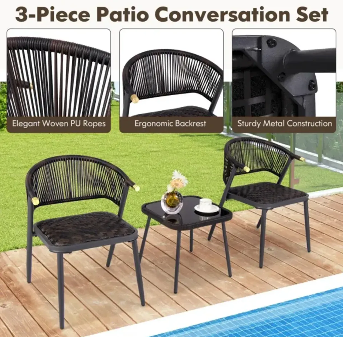 Hivvago 3 Pieces Patio Rattan Furniture Set with Tempered Glass Tabletop for Backyard Poolside