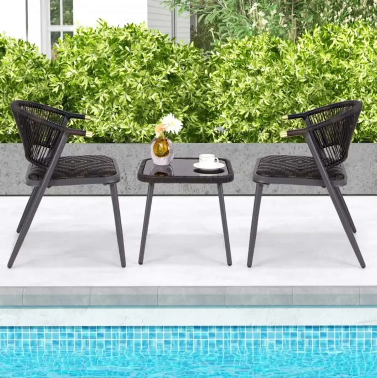 Hivvago 3 Pieces Patio Rattan Furniture Set with Tempered Glass Tabletop for Backyard Poolside