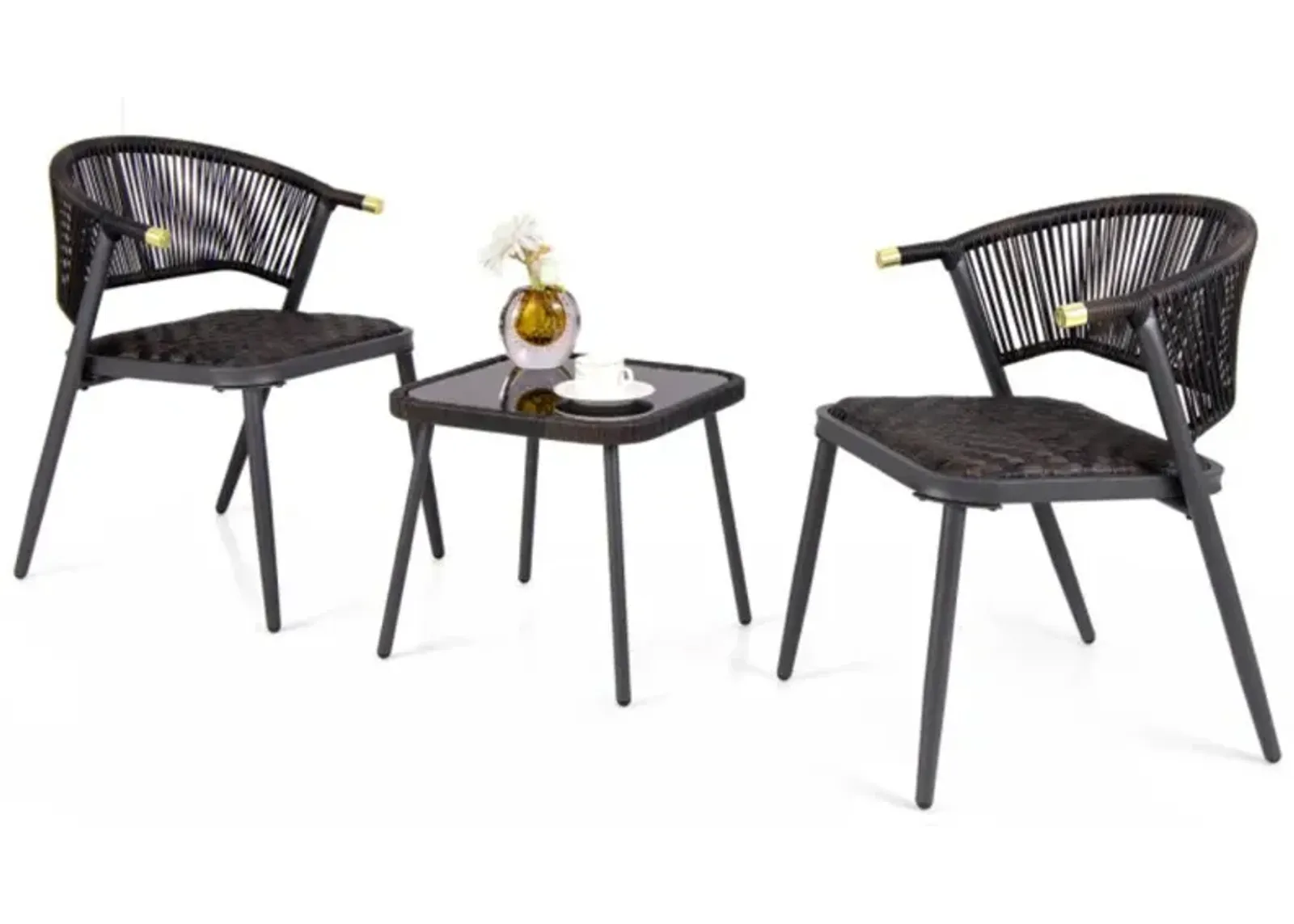 Hivvago 3 Pieces Patio Rattan Furniture Set with Tempered Glass Tabletop for Backyard Poolside