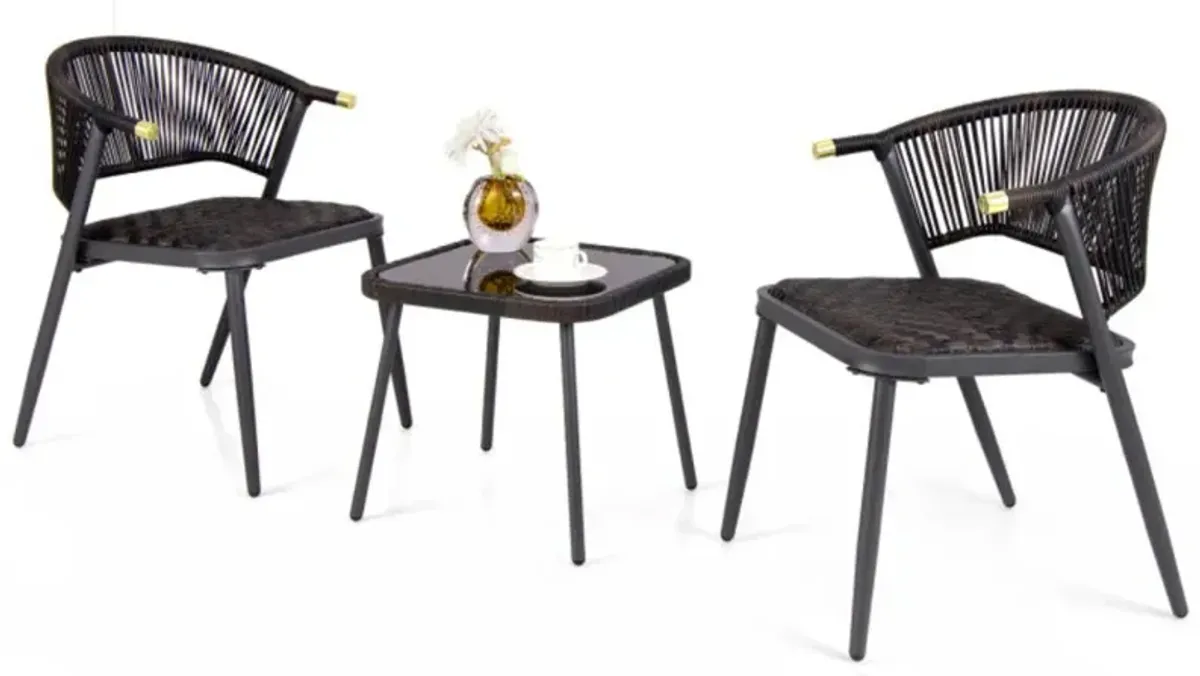 Hivvago 3 Pieces Patio Rattan Furniture Set with Tempered Glass Tabletop for Backyard Poolside