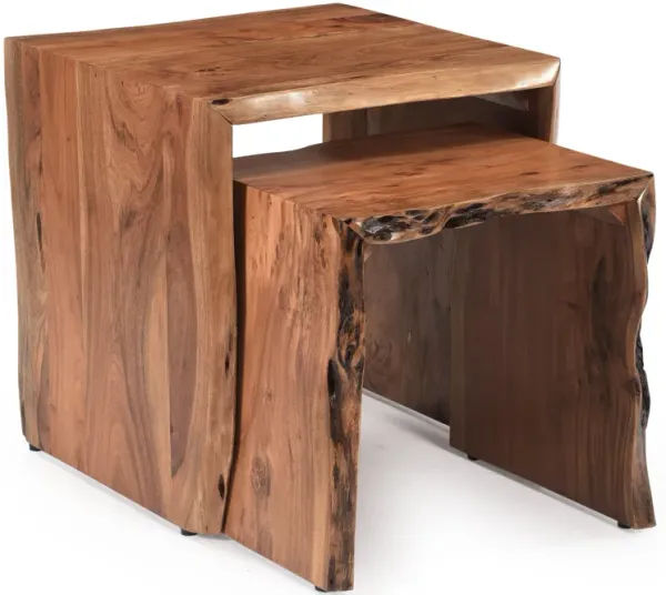20, 17 Inch Handcrafted Acacia Wood Nesting End Tables, Live Edge Wood in Natural Brown Finish-Benzara