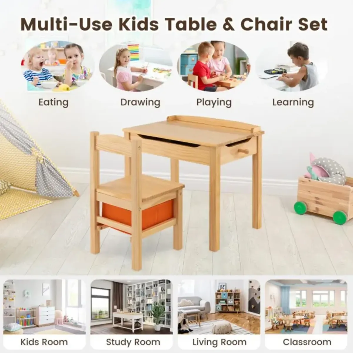 Hivvago Flip-Top Wood Kids Activity Table and Chair Set with Hidden Storage Space