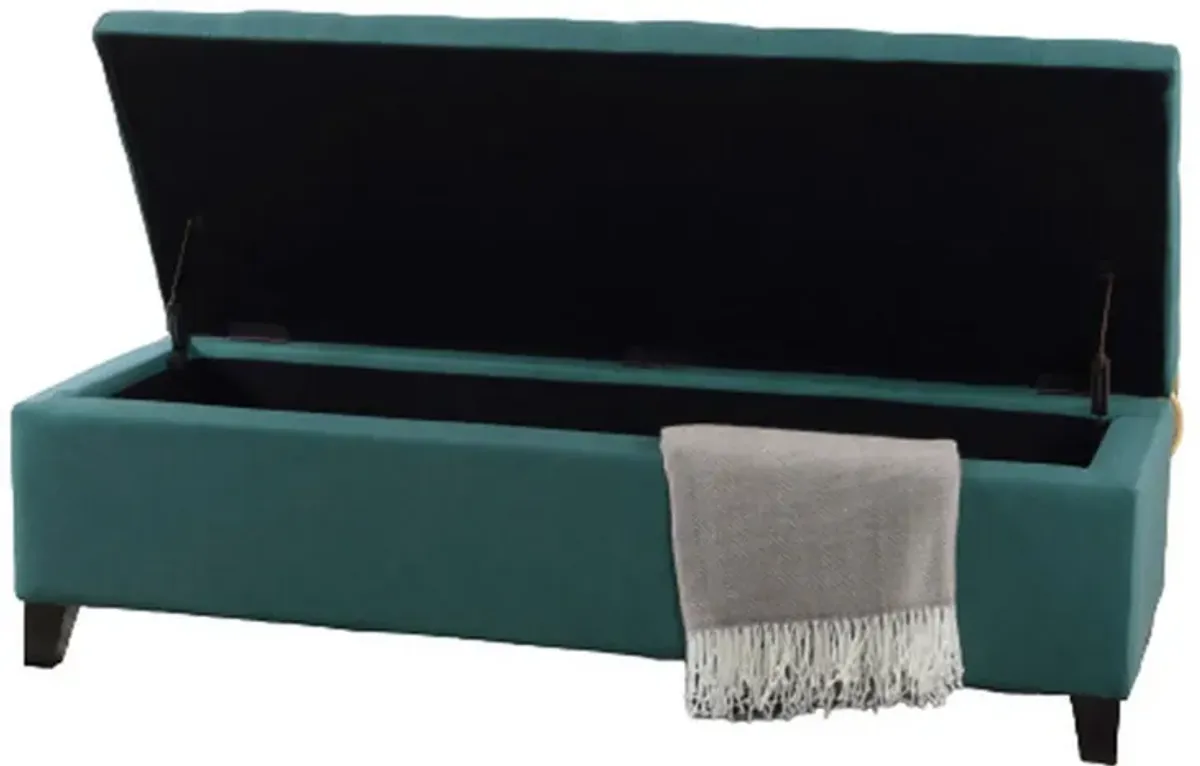 Nira Storage Ottoman Bench, Button Tufted Teal Blue Fabric, 51 Inch -Benzara