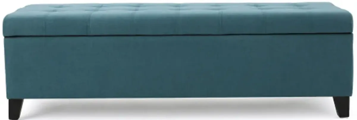 Nira Storage Ottoman Bench, Button Tufted Teal Blue Fabric, 51 Inch -Benzara