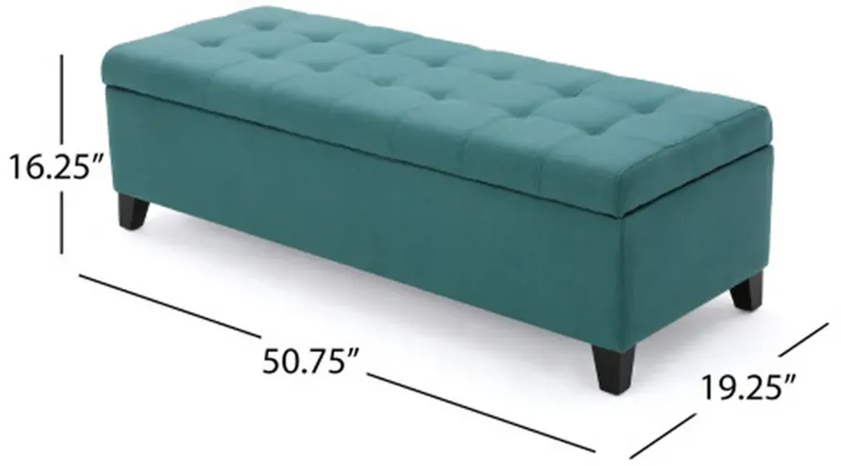 Nira Storage Ottoman Bench, Button Tufted Teal Blue Fabric, 51 Inch -Benzara