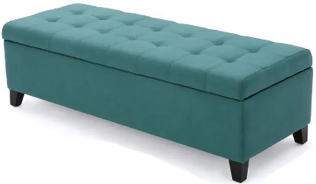 Nira Storage Ottoman Bench, Button Tufted Teal Blue Fabric, 51 Inch -Benzara