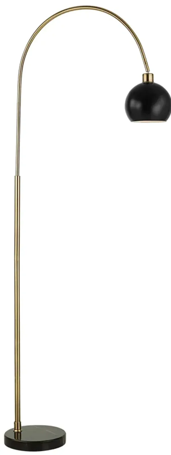 72 Inch Arc Floor Lamp, Black Metal Shade, Marble Foot, Antique Brass - Benzara