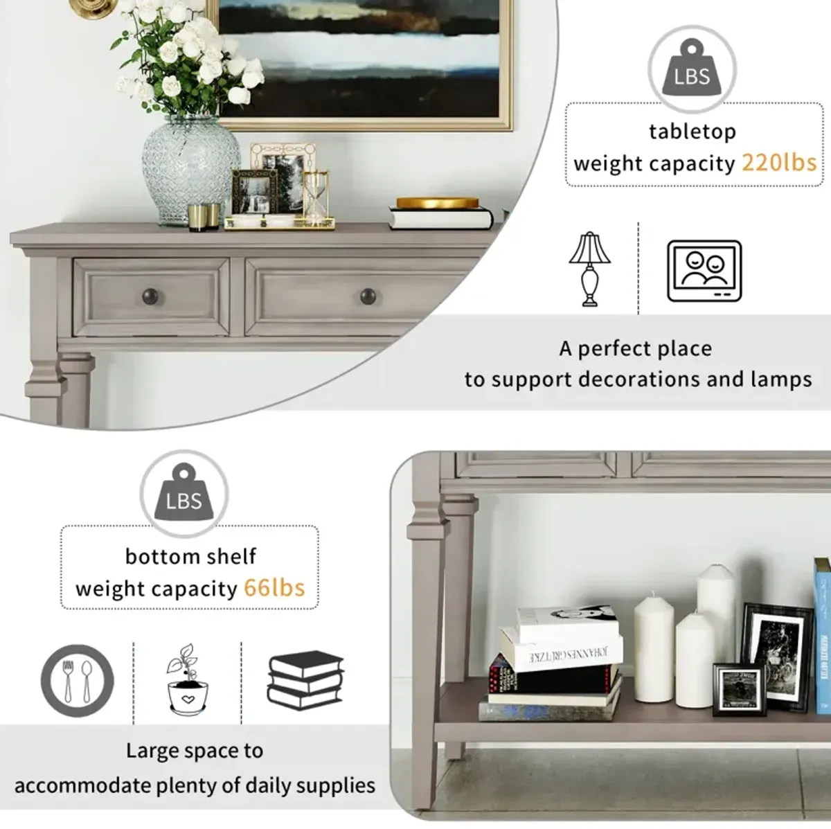 Classic Retro Style Console Table With Three Top Drawers And Open Style Bottom Shelf