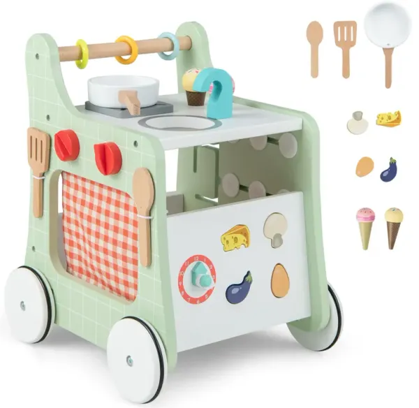 6-in-1 Wooden Baby Stroller with Play Kitchen for Kids Over 12 Months