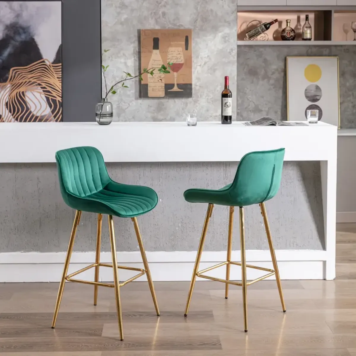 Set of 2 Bar Stools, with Chrome Footrest Velvet Fabric Counter Stool Golden Leg Simple Bar Stool