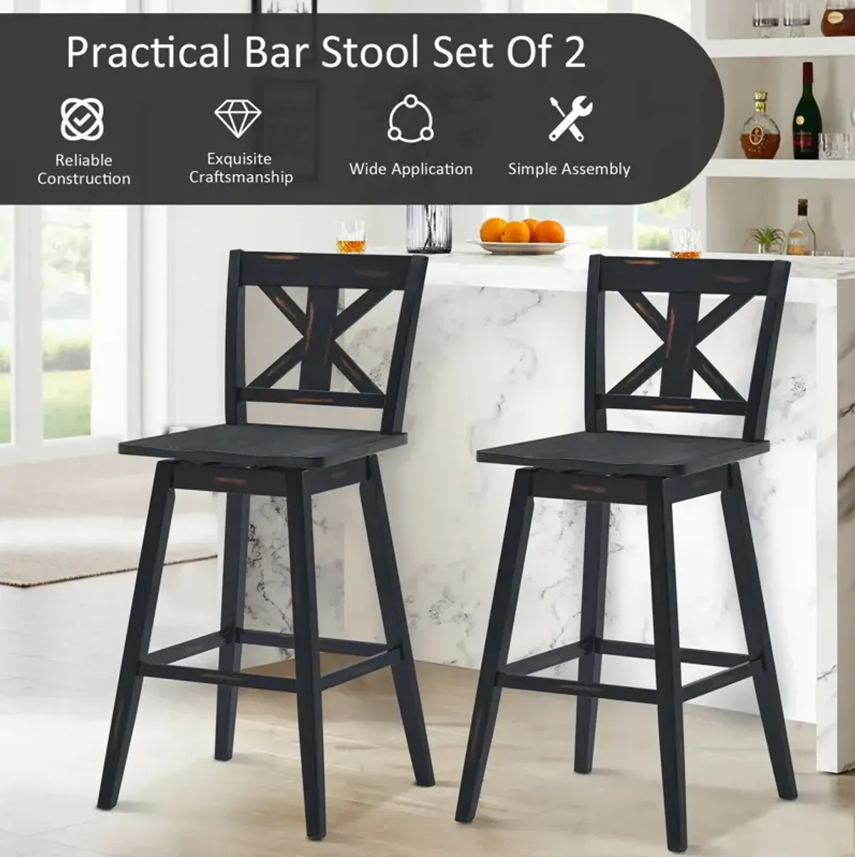 Set of 2 360-Degree Swivel Bar Stools for Home Restaurant