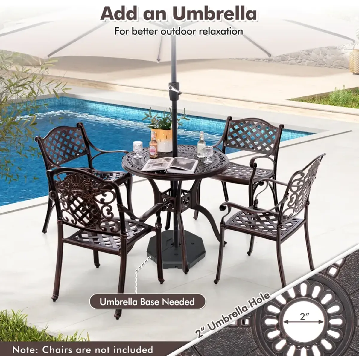 31.5 Inch Cast Aluminum Table Patio Round Dining Table with Umbrella Hole