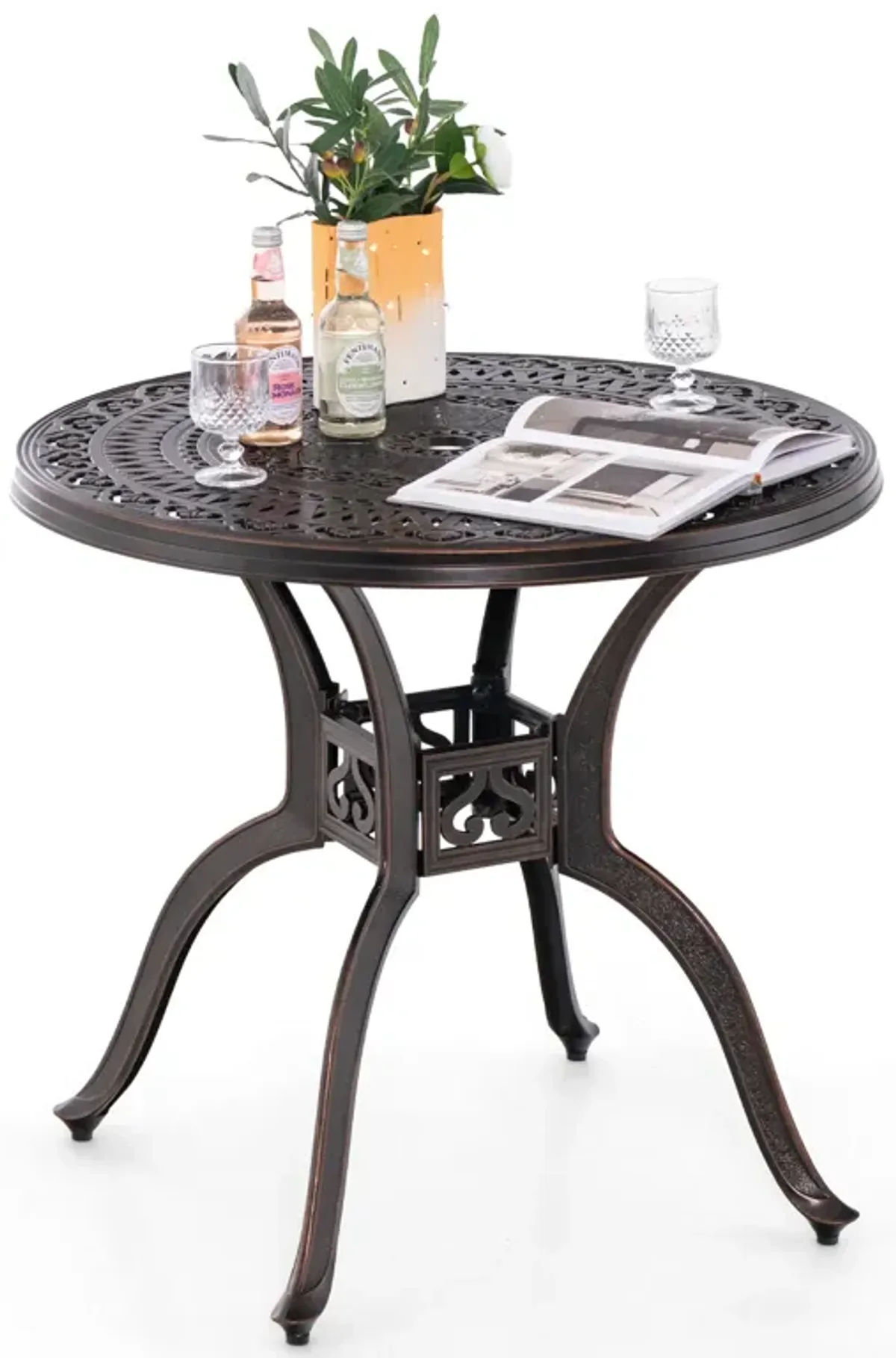 31.5 Inch Cast Aluminum Table Patio Round Dining Table with Umbrella Hole