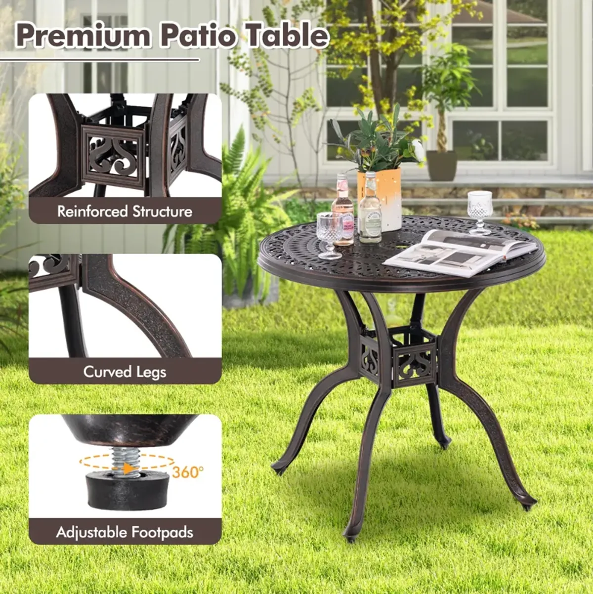 31.5 Inch Cast Aluminum Table Patio Round Dining Table with Umbrella Hole