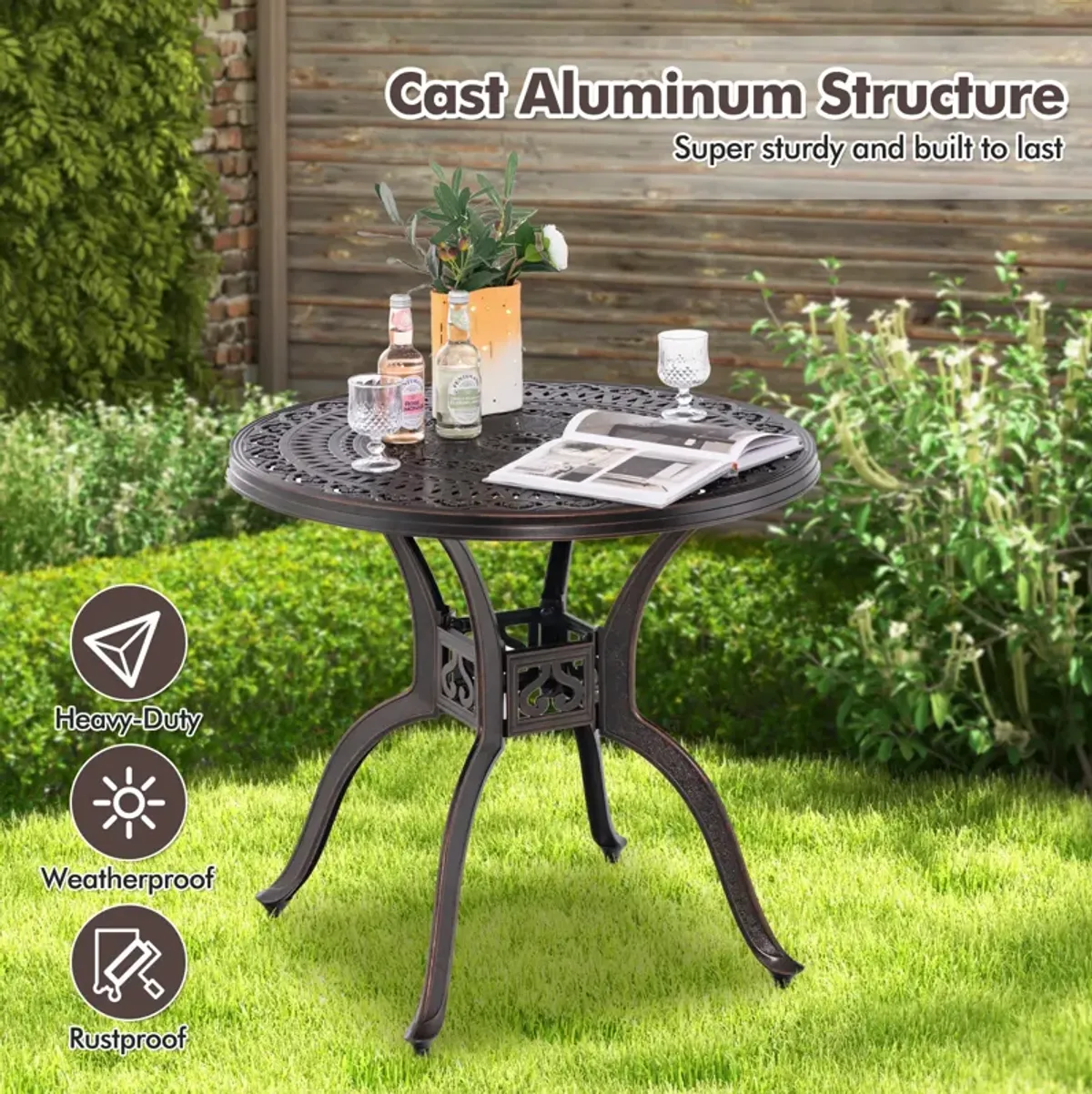 31.5 Inch Cast Aluminum Table Patio Round Dining Table with Umbrella Hole