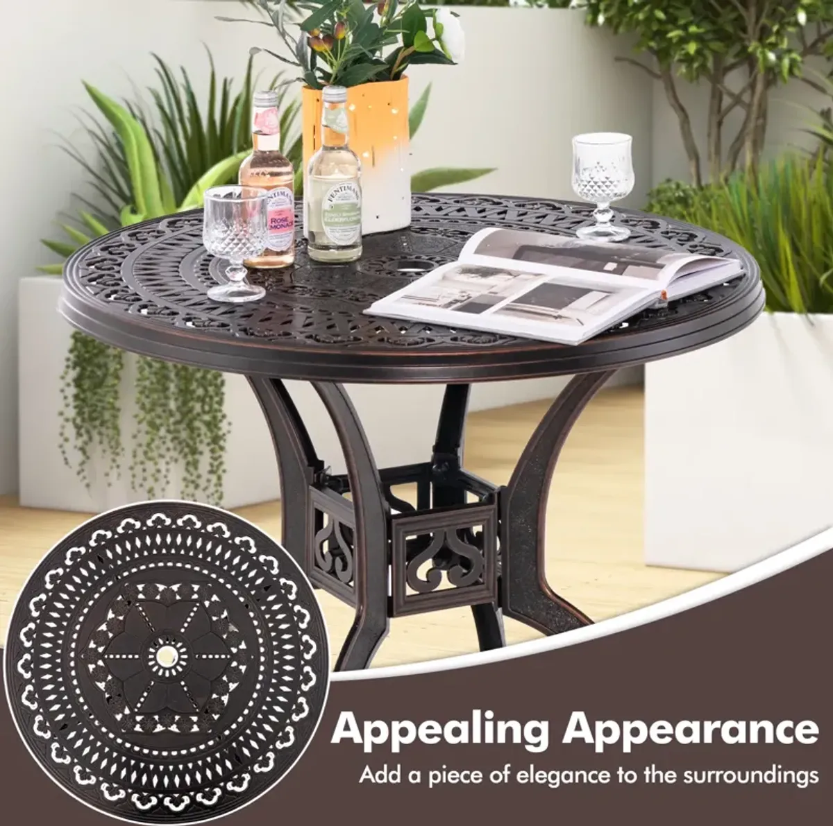 31.5 Inch Cast Aluminum Table Patio Round Dining Table with Umbrella Hole