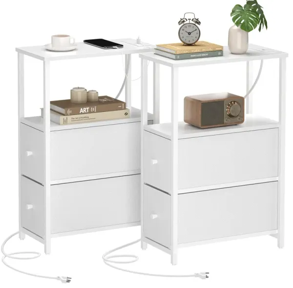 TUTOTAK Small Narrow End Table with Charging Station, Set of 2, Side Table with Outlets, Nightstand with 2 Cloth Drawers, Couch