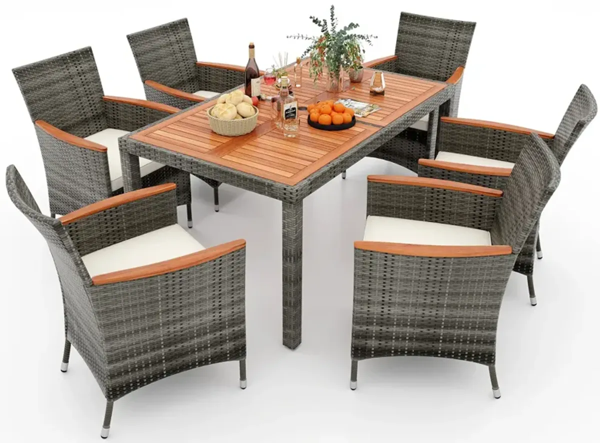 7 Pieces Patio Acacia Wood Cushioned PE Rattan Wicker Dining Set