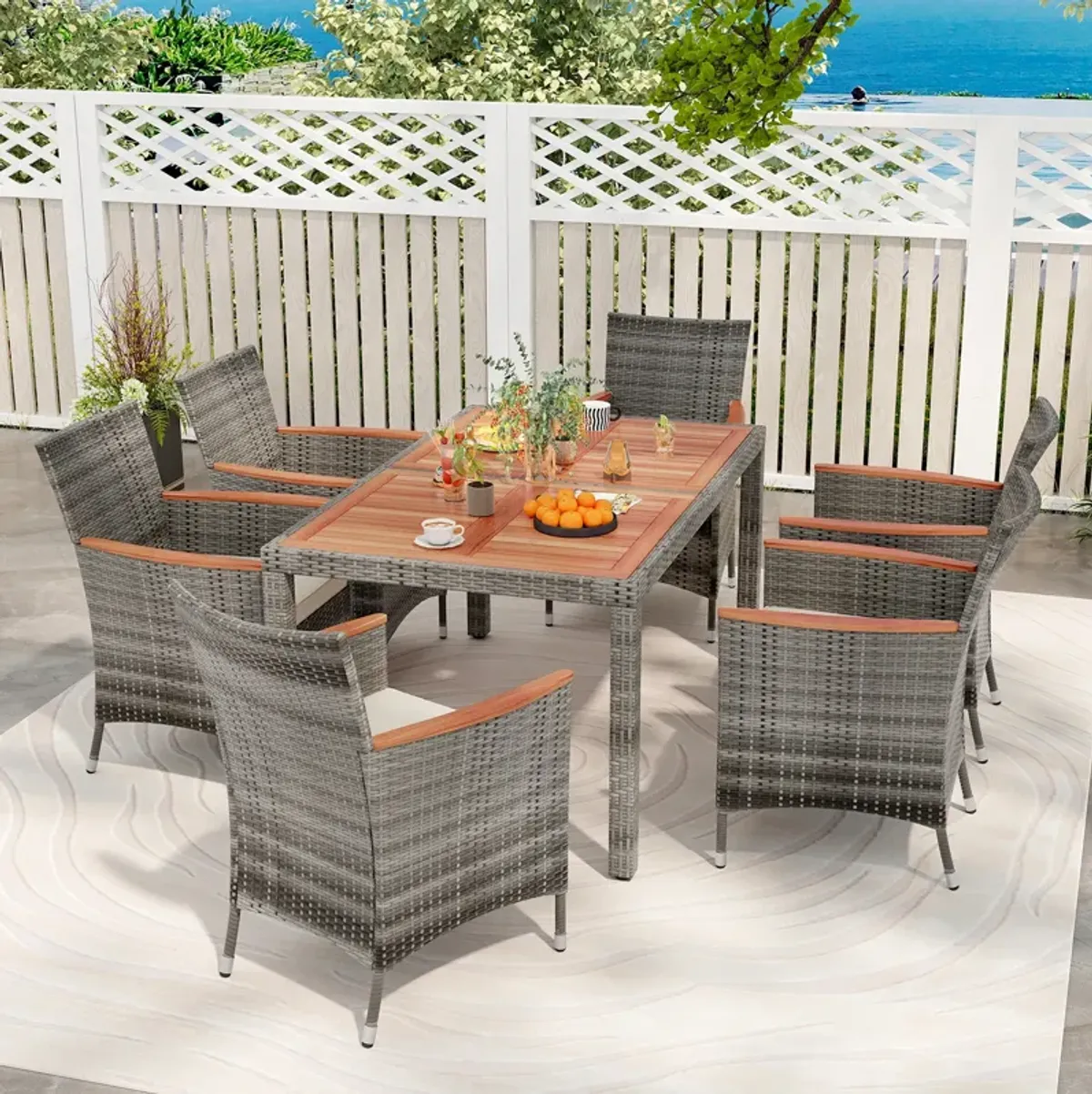 7 Pieces Patio Acacia Wood Cushioned PE Rattan Wicker Dining Set