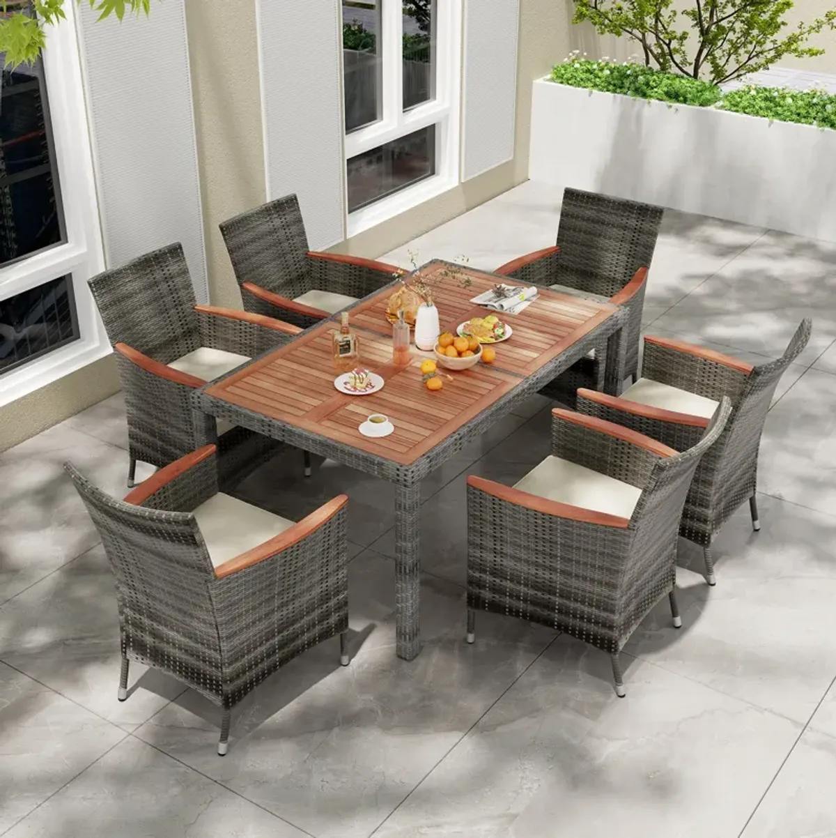 7 Pieces Patio Acacia Wood Cushioned PE Rattan Wicker Dining Set