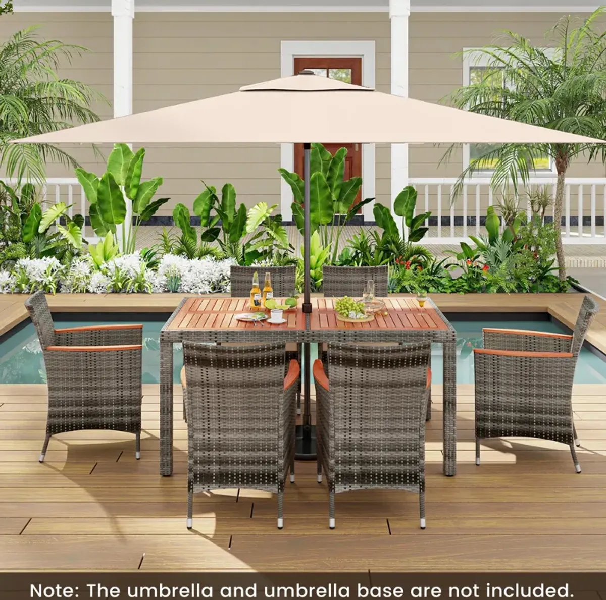 7 Pieces Patio Acacia Wood Cushioned PE Rattan Wicker Dining Set