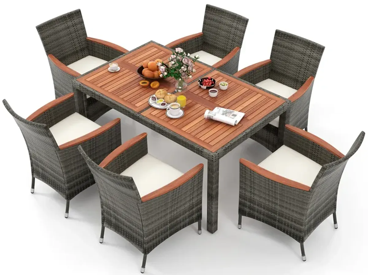 7 Pieces Patio Acacia Wood Cushioned PE Rattan Wicker Dining Set